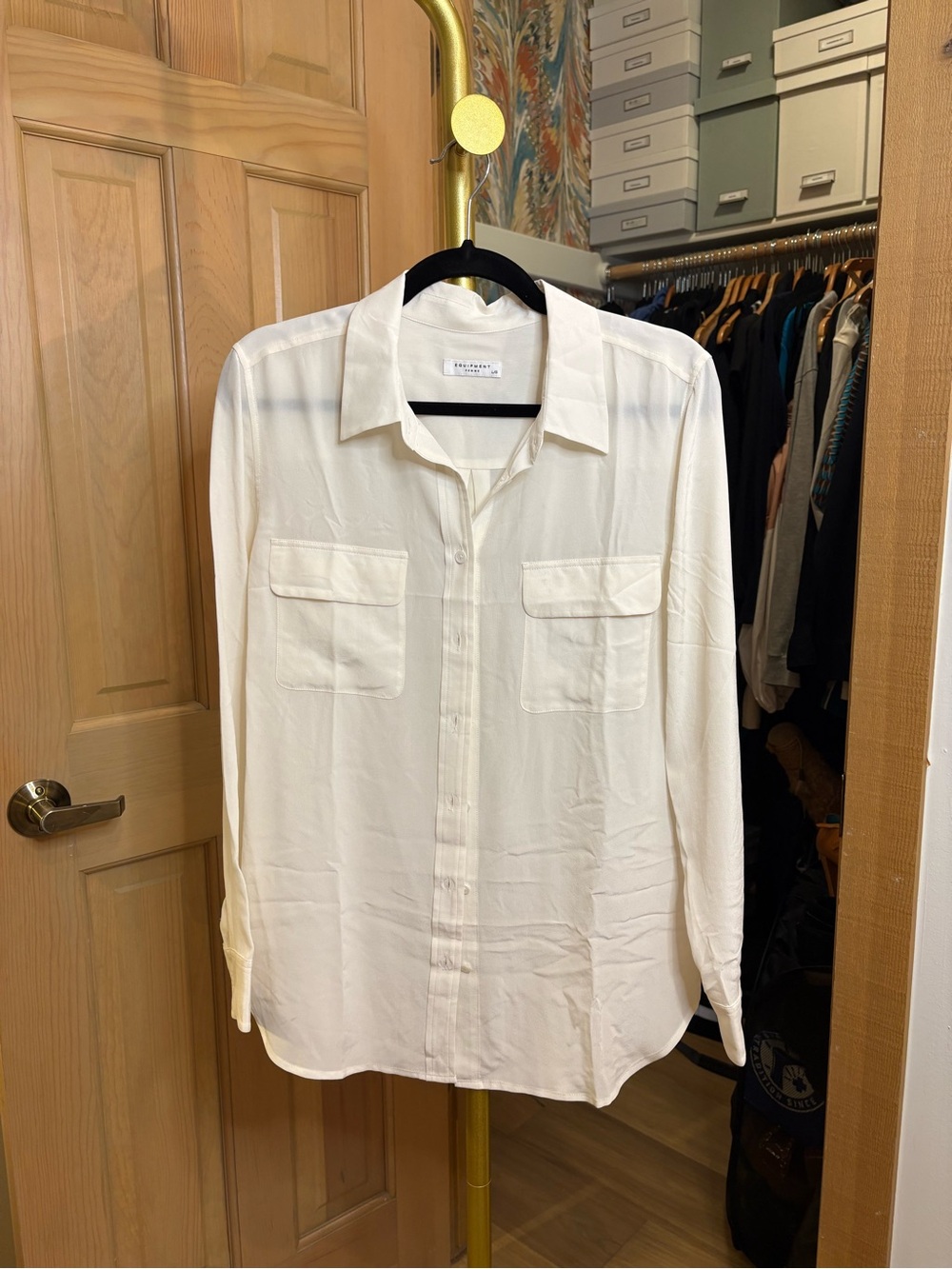 Equipment Cream Long-Sleeve Button Down Silk Shirt